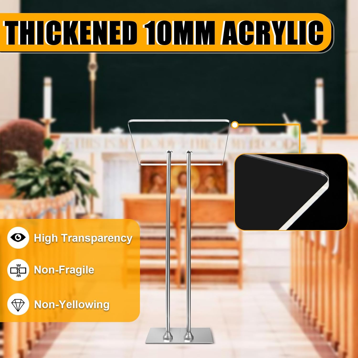 Acrylic Podium Lectern with Iron Stable Bottom, Pulpits for Churches with 10MM Thickened Acrylic Countertop, Multi Function Pulpit for Modern Classroom Music Concert Wedding Conference Event