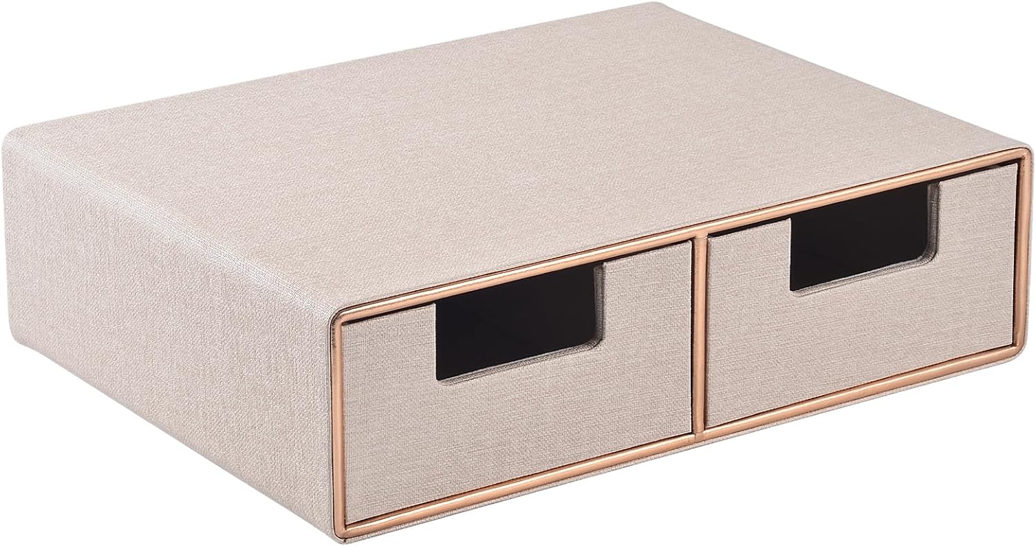 Linen Leather Desk Organizer with Drawers－Mini Desktop Drawer Organizer Stackable－Multifunctional Tabletop Organization Storage Box for Office Supplies Home Vanity Toiletries (Beige, 2-drawers)