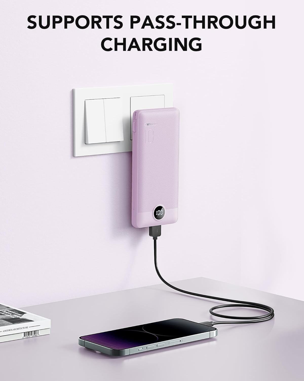 VRURC Portable Charger Built-in Cables and AC Wall Plug, USB C Power Bank 10000mAh, Travel Essentials Phone Charger Compact Lightweight External Battery Pack for Smart Phones, Tablets etc-Purple