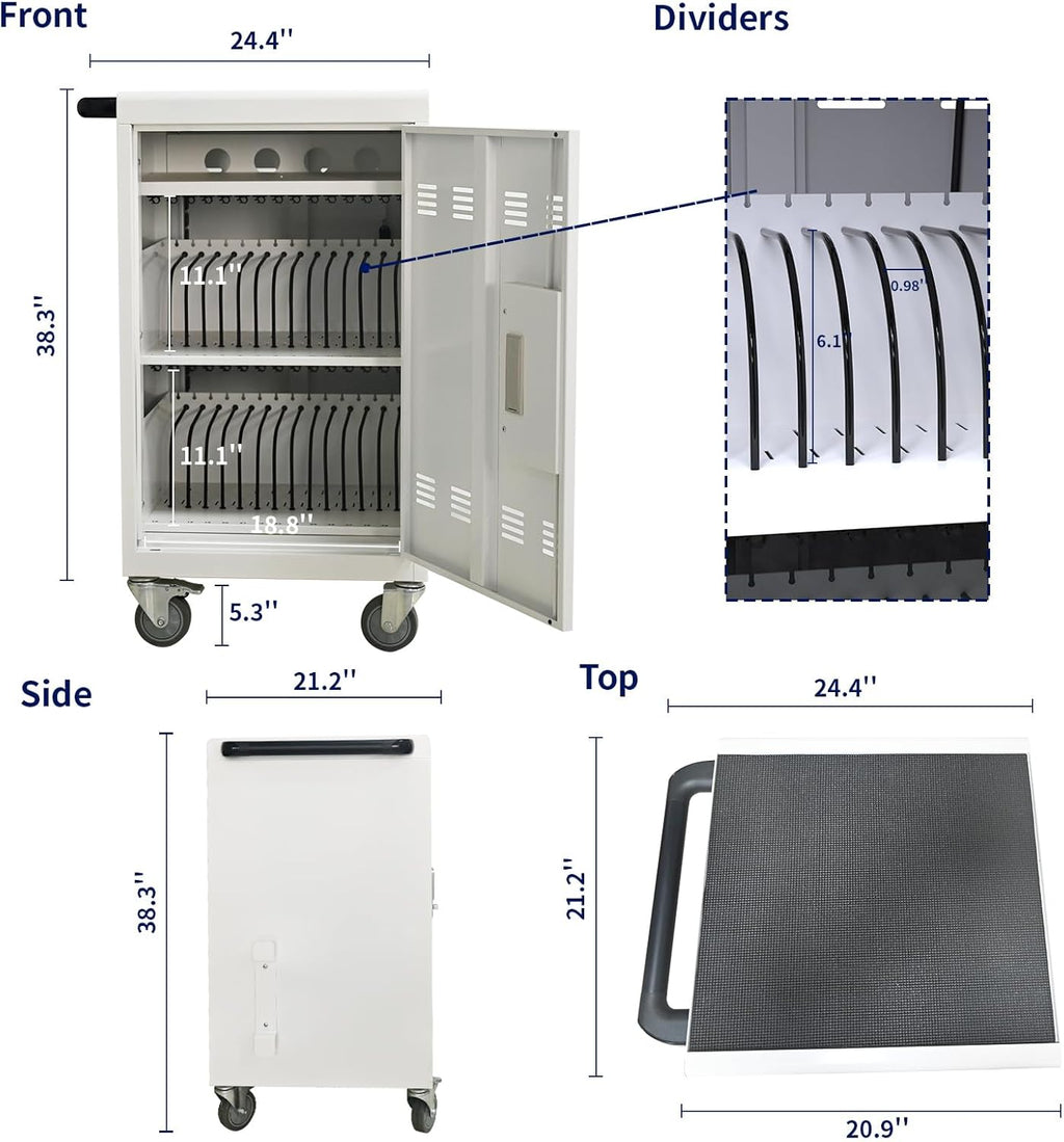 36 Device Charging Cart for Laptops and Tablets Up to 16.3-inch, Mobile Charging Station with AC Outlets, Secure Storage and Cable Management, Mobile Charging Cabinet for Ipads, Chromebooks, White