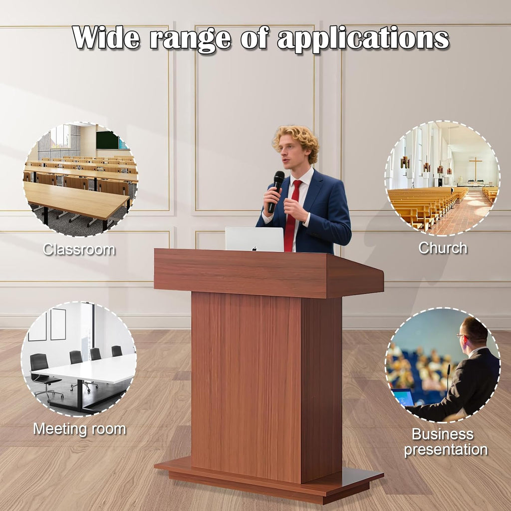 Solid Wooden Podium Stand Podiums for Classroom Lectern Podium Stand Wood Church Pulpit with 3 Levels of Storage and Heightened Baffles (Teak Color, 31.5in)