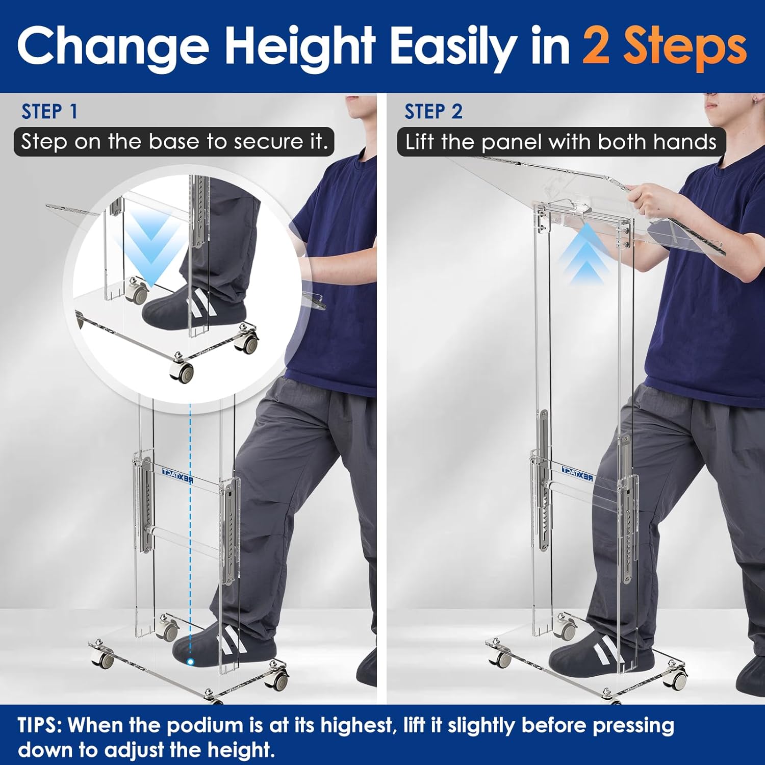 Acrylic Podium Stand,49"H Rolling Podium with Lockable Wheels,Height & Angle Adjustable Lecterns & Podiums, Portable Podium for Classroom,Teachers,Pulpits for Churches,Speech