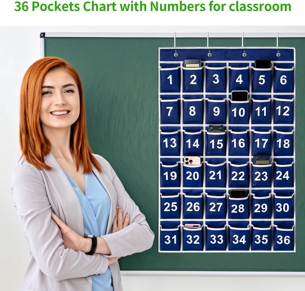 36 Pockets Blue Numbered Classroom Pocket Chart for Cell Phones, Hanging Pocket Chart Storage for Classroom Phone Calculator Holder with 4 Stainless Steel Hooks (Blue-36pockets)