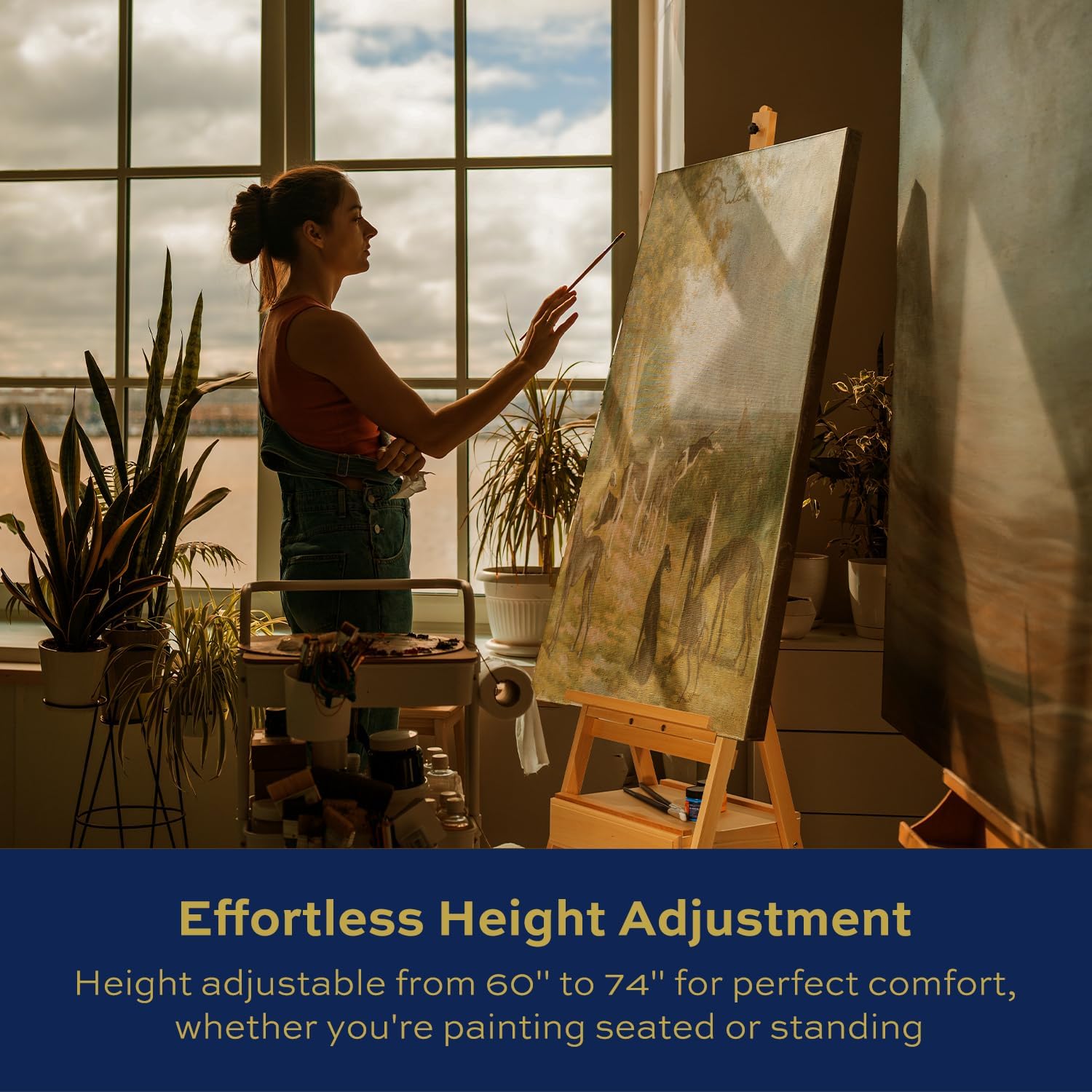 Large Adjustable Beech Wood Painting Easel with Storage Drawer (60"~74" H), Holds up to 36", Art Easel for Adults Artist Beginners Students