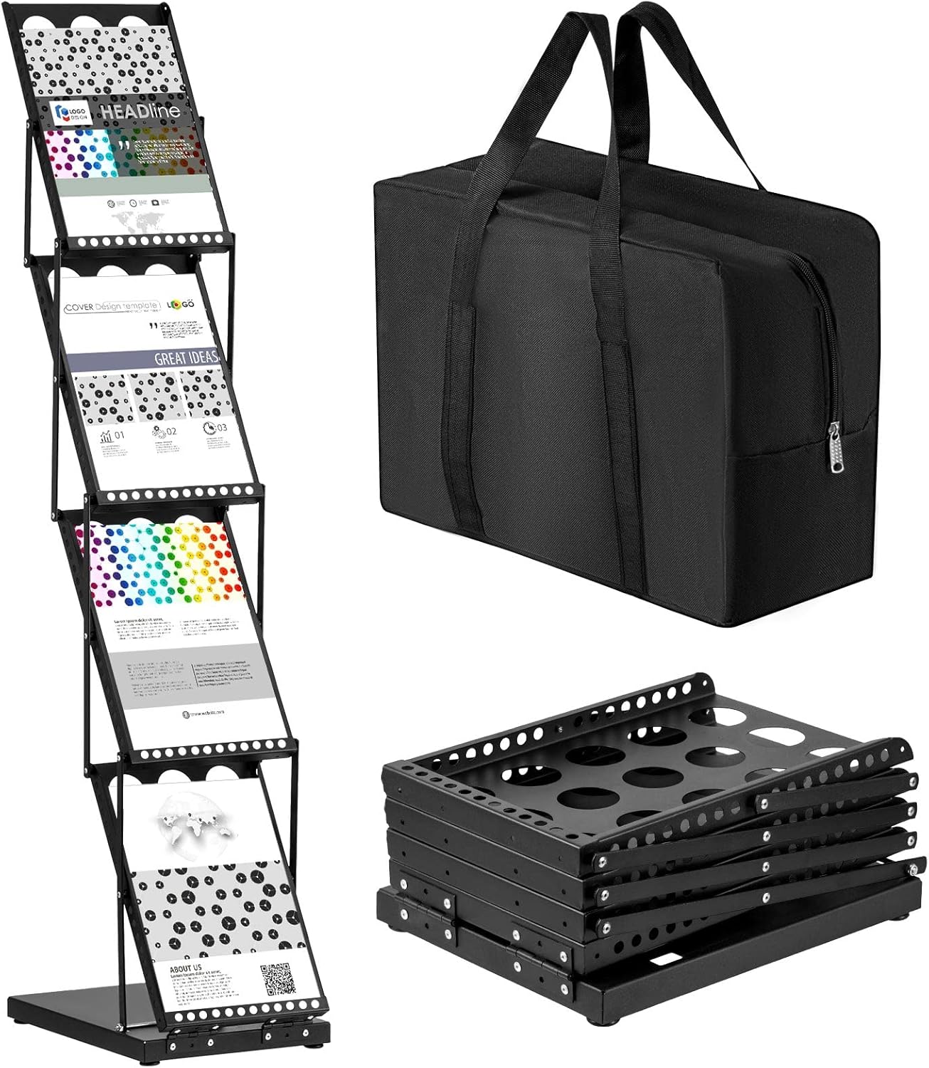 Tatuo 1 Piece Foldable Magazine Rack Metal Catalog Literature Rack Portable 4 Pockets with Carrying Bag Brochure Stand Literature Display Holder Stand for Exhibition Trade Show