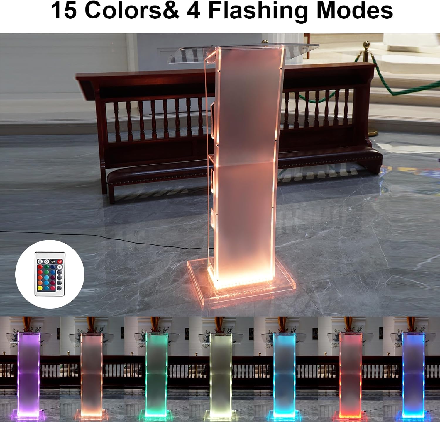 Acrylic Podium Stand, Ultra Clear 43'' Pulpits for Churches with 15 Color Adjustable, Modern Lectern with Storage Sheld for Church,Conference,Speech,Classroom, 23.62”x 15.75”X 43.3”