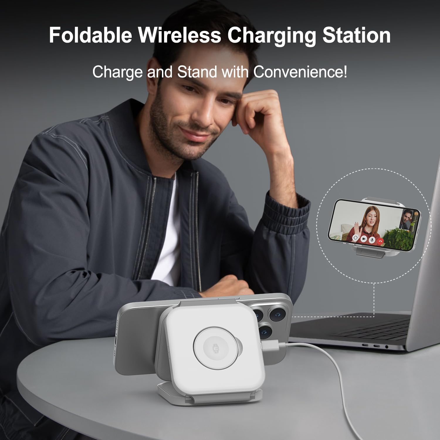 Wireless Charging Station for Apple Multiple Devices - 3 in 1 Foldable Magnetic Wireless Charger - Travel Charging Pad for iPhone 16 15 14 13 12 Pro Max Plus Watch & AirPods (White)