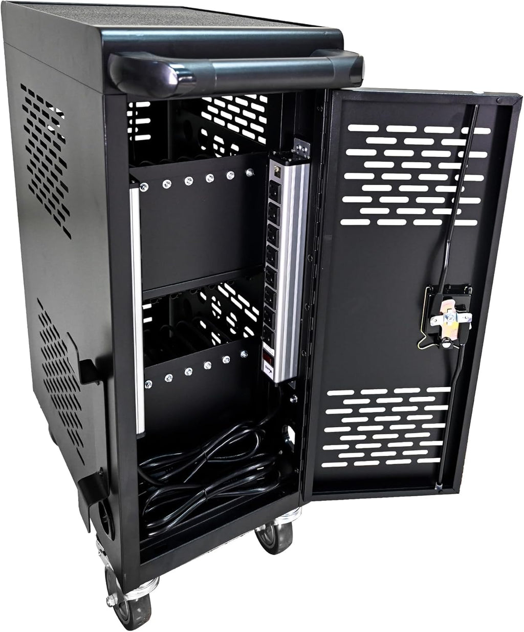 16 Device Charging Cart, Laptop and Tablet Storage Cart, Holds Up to 14" with Cord Management, Front and Rear Access Locking, Desktop Charging and Storage Cabinet for Classroom or Office.Black