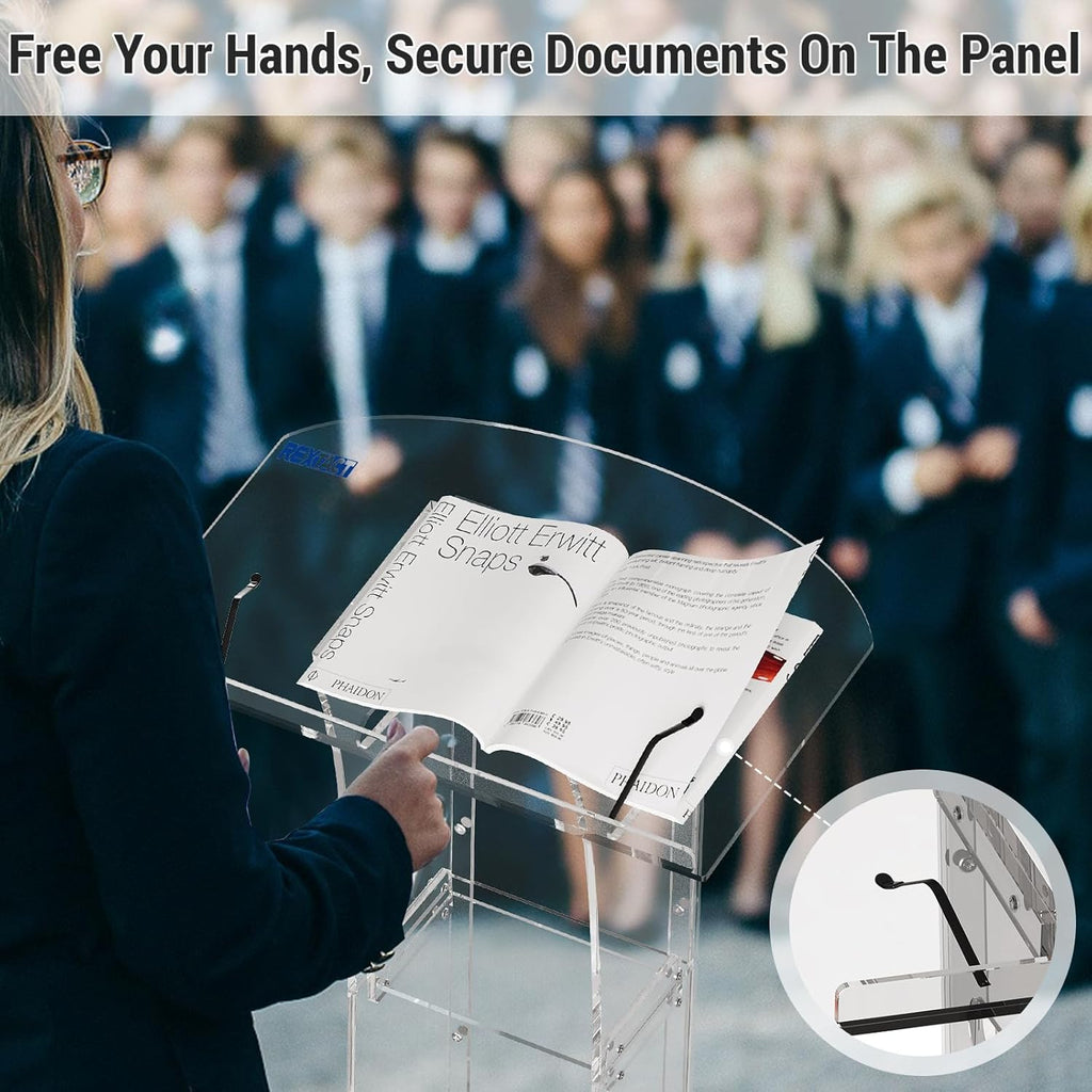 Acrylic Podium Stand，49“ Tall Portable Podium with Lockable Wheels, Clear lecterns & Podium with Storage Shelf for Classroom, Pulpit Podium for Church,Wedding,Presentation