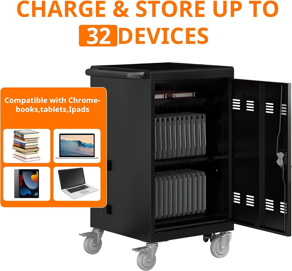 32 Device Mobile Charging Cart with Combination Lock, Mobile Ipad Cart for iPads, Chromebooks and Laptop Computers, Locking Charging Station with Lock & Key for The Front Back Door, Surge Protection