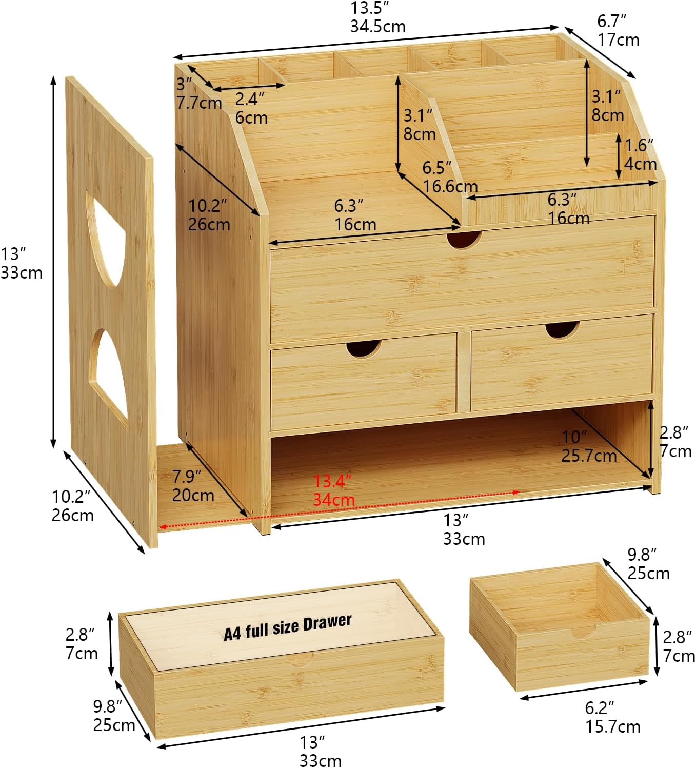 Bamboo Desktop Organizer with 3 Drawers 4 Tier Tabletop Organization Box with Adjustable File Book Holder A4 Full Size Drawer for Office Home