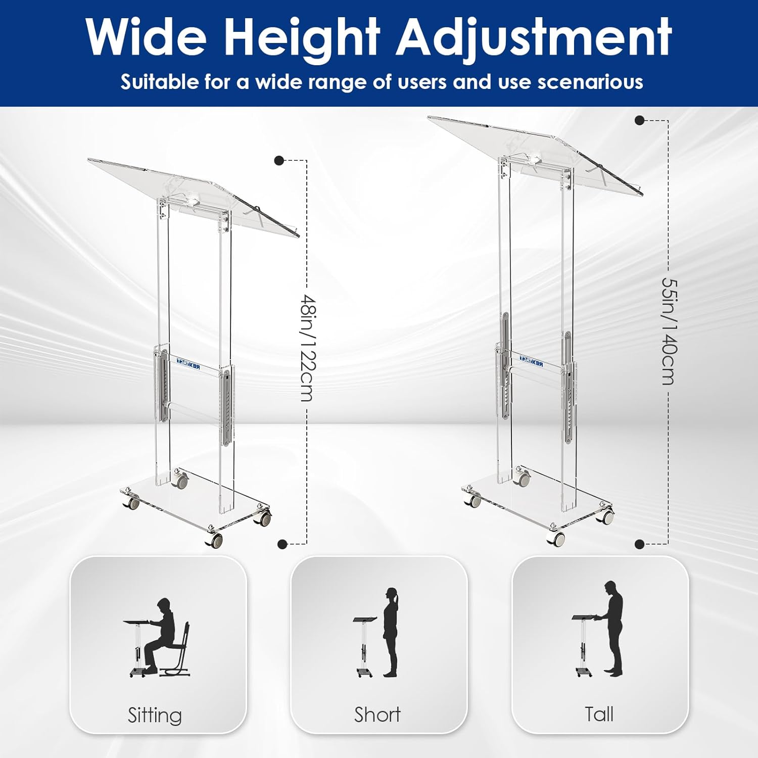 Acrylic Podium Stand,49"H Rolling Podium with Lockable Wheels,Height & Angle Adjustable Lecterns & Podiums, Portable Podium for Classroom,Teachers,Pulpits for Churches,Speech