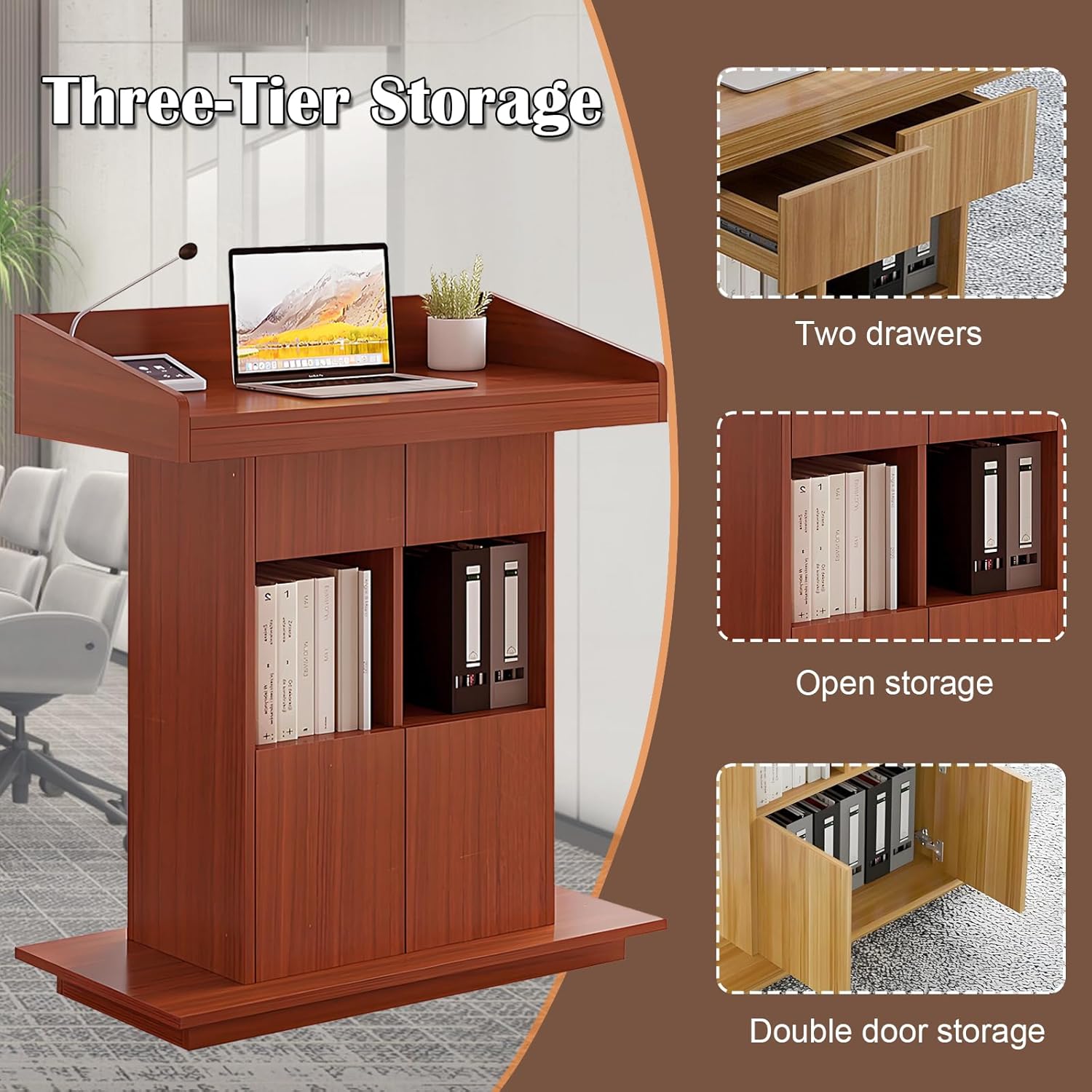 Solid Wooden Podium Stand Podiums for Classroom Lectern Podium Stand Wood Church Pulpit with 3 Levels of Storage and Heightened Baffles (Teak Color, 39.4in)