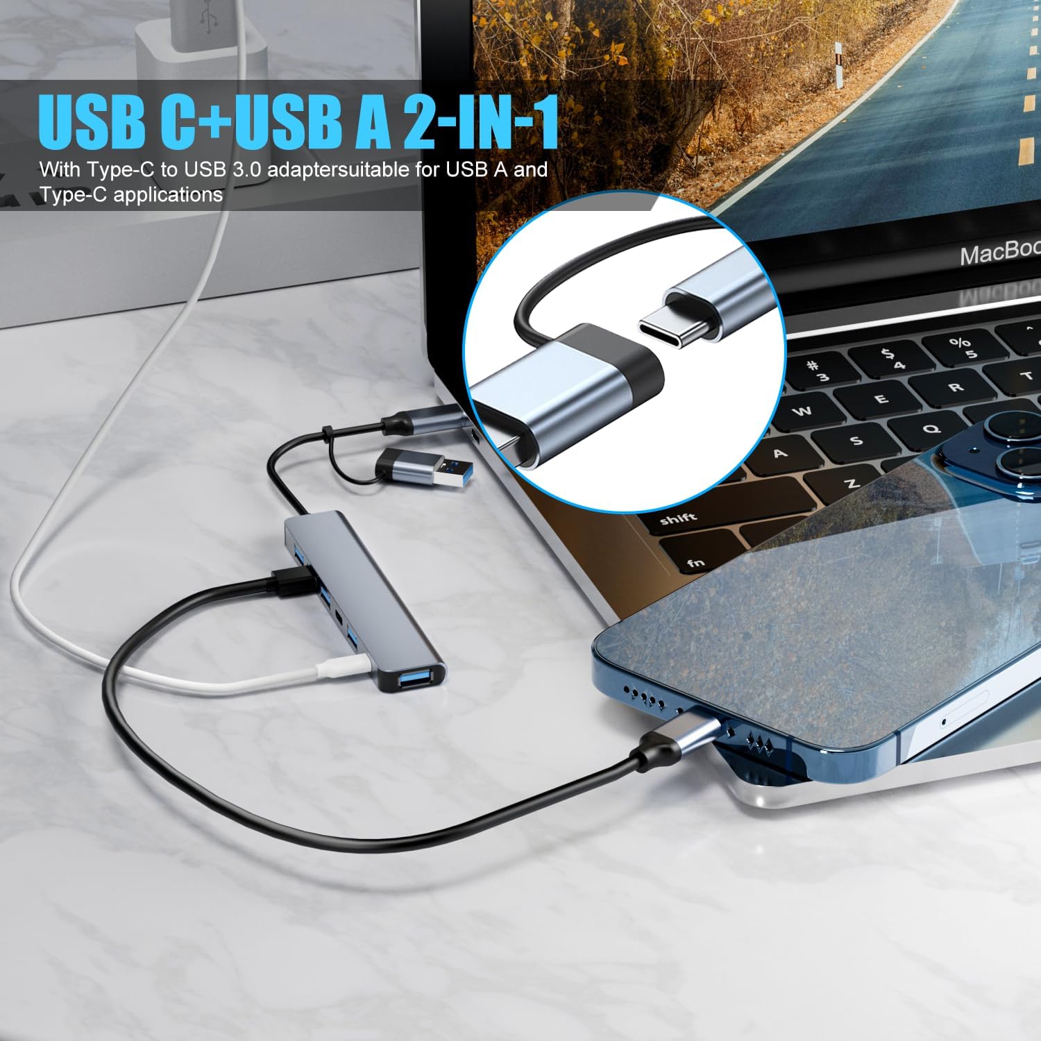 【Upgrade】 USB C/USB Hub, BERLAT Aluminum 7 in 1 USB C & USB Hub with USB 3.0, USB 2.0 Ports for PC/Laptops/MacBook Pro/Air/iMac/iPad and More Devices