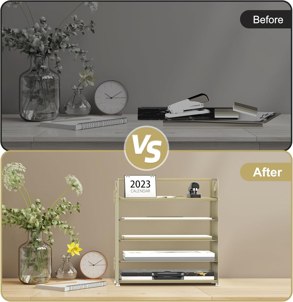 Supeasy 5 Trays Paper Organizer Letter Tray with Handle-Mesh Desk File Organizer,Pink Paper Sorter Desk Organizer for Office, Home or School (Gold Yellow)