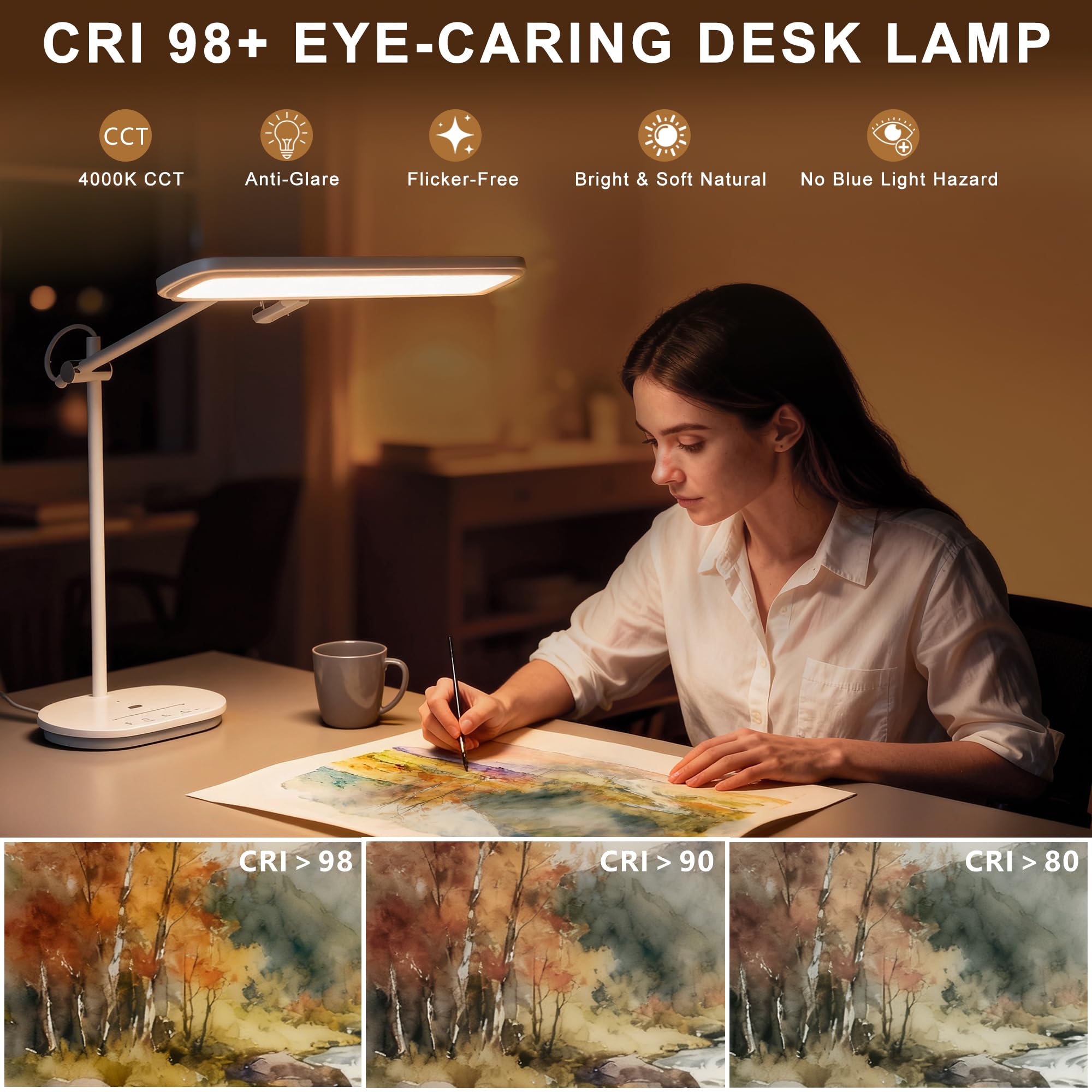 Advanced Eye-Caring LED Desk Lamp - CRI 98 Full Spectrum Light for Home Office, Crafting & Studying (Dimmable, Touch & Gesture Control)