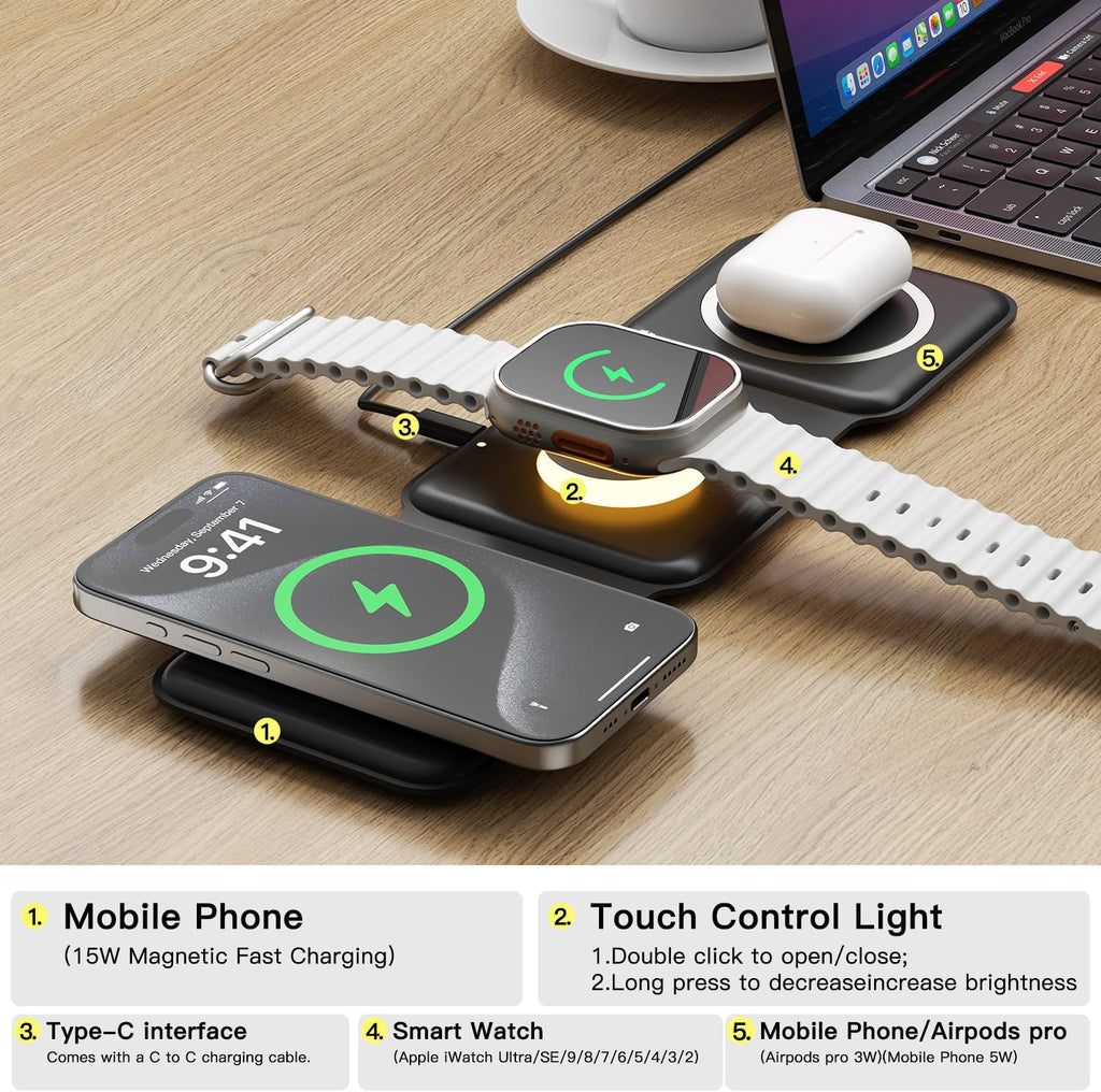 ESSAGER 3 in 1 Foldable Wireless Charger for iPhone 16/15/14/13/12/11 Series, Magnetic Wireless Charging Station, Travel Wireless Fast Charging Pad for Airpods 4/3/2/Pro, iWatch (3 in 1, Black)