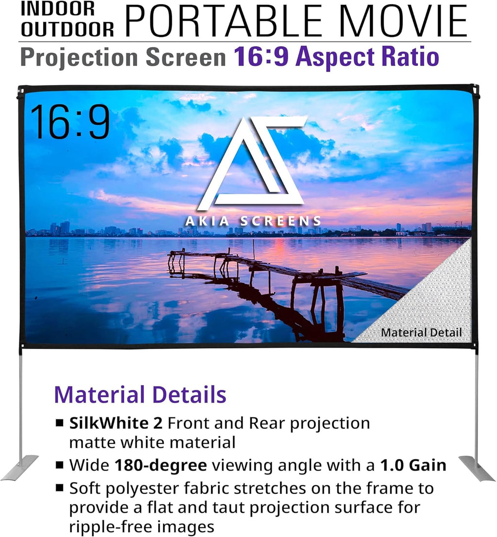 Akia Screens 125 inch Portable Projector Screen with Stand Upgraded and Carry Bag 16:9 HD Rear Front Projection Screen for Indoor Outdoor Home Theater Backyard Travel Foldable Movie Screen AK-OPS125H