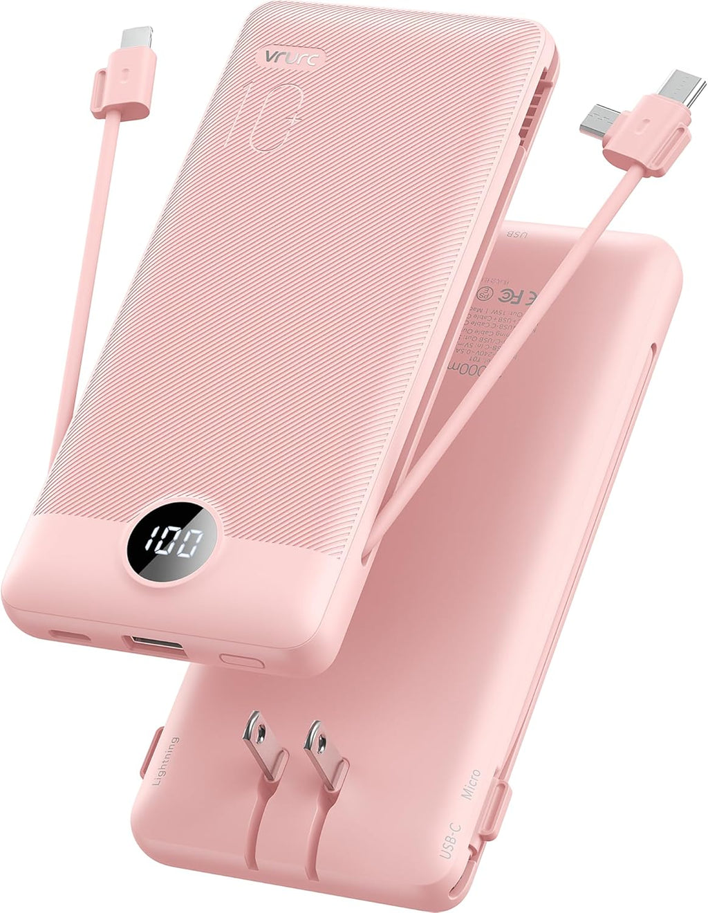 VRURC Portable Charger Built-in Cables and AC Wall Plug, USB C Power Bank 10000mAh, Travel Essentials Phone Charger Compact Lightweight External Battery Pack for Smart Phones, Tablets etc-Pink