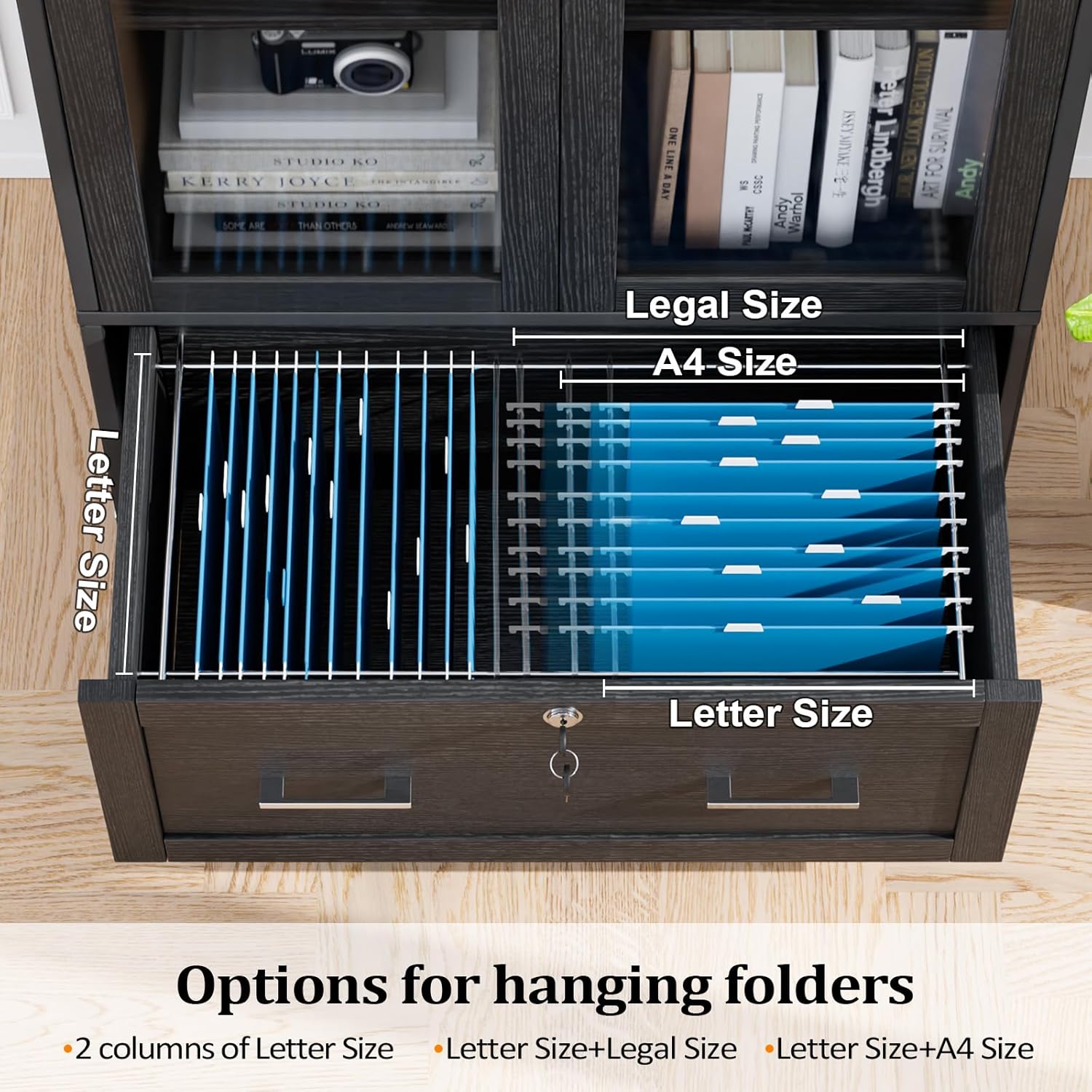 VINGLI Lateral File Cabinet with Glass Doors and Locking Drawer for Hanging File Folders, Bookshelf with Adjustable Shelves for Home Office (Black, 30''W x 16''D x 55''H)