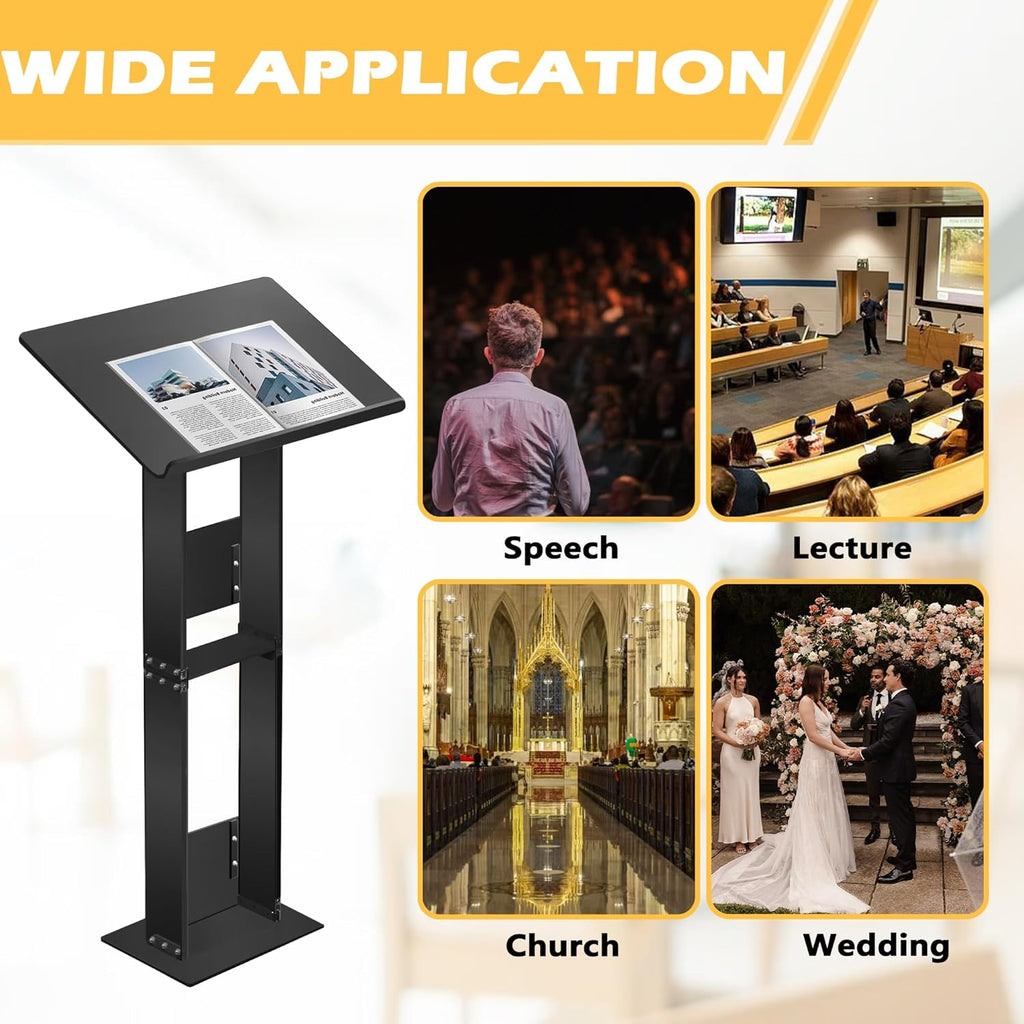 Podium Stand, Lecterns & Podiums, Acrylic Adjustable Angles with Metal Base, Podium for Church, Weddings, Classroom, Speech, 24" L x 16" W x 43.5" H, Black