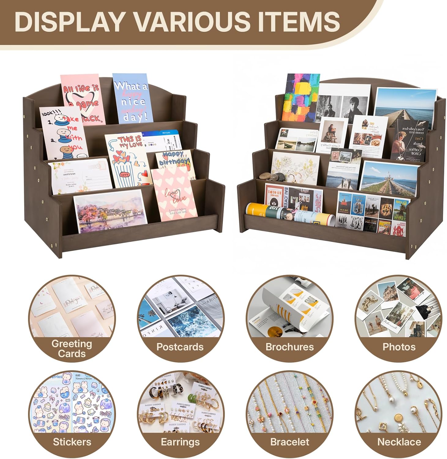 4 Tier Wooden Greeting Card Display Stand, Sticker Organizer Rack, Retail Photos Shelf for Vendors Craft Collection, Retail Stores, Postcards, Jewelry, Snacks, Brown