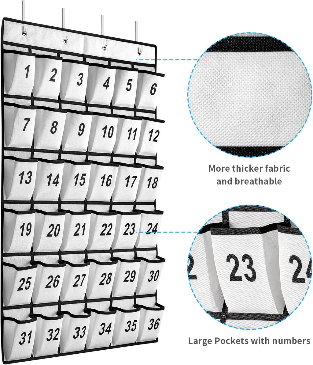 36 Pockets Numbered Classroom Pocket Chart for Cell Phones, Hanging Pocket Chart Storage for Classroom Phone Calculator Holder with 4 Stainless Steel Hooks (White-36pockets)