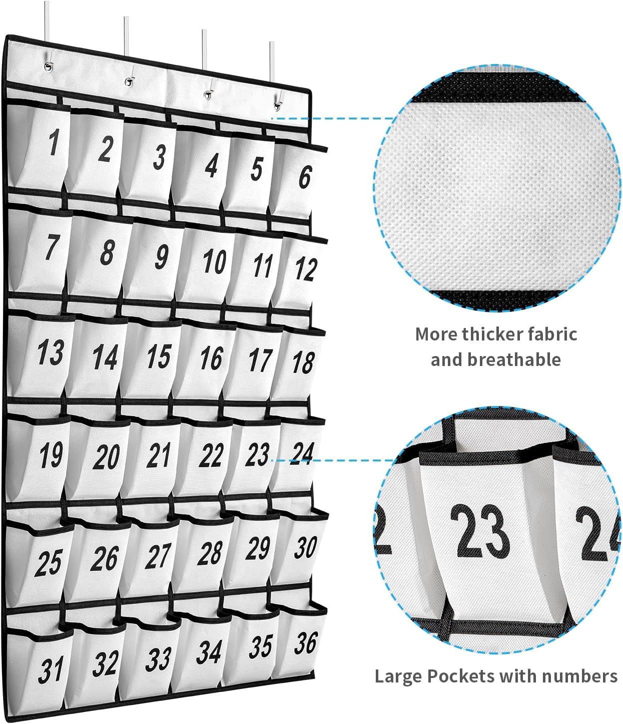 36 Pockets Numbered Classroom Pocket Chart for Cell Phones, Hanging Pocket Chart Storage for Classroom Phone Calculator Holder with 4 Stainless Steel Hooks (White-36pockets)