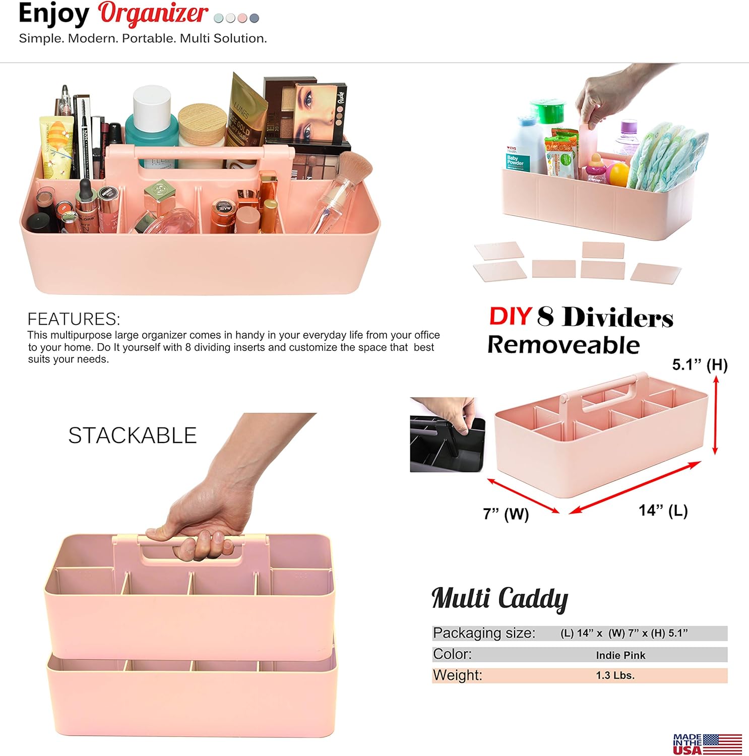 -Large Portable Caddy, DIY Dividers, 8 Compartments, School Home Business Organizer,Portable Basket with Handle Storage Organizer Modern Made in USA (4 PACK, Indie Pink)