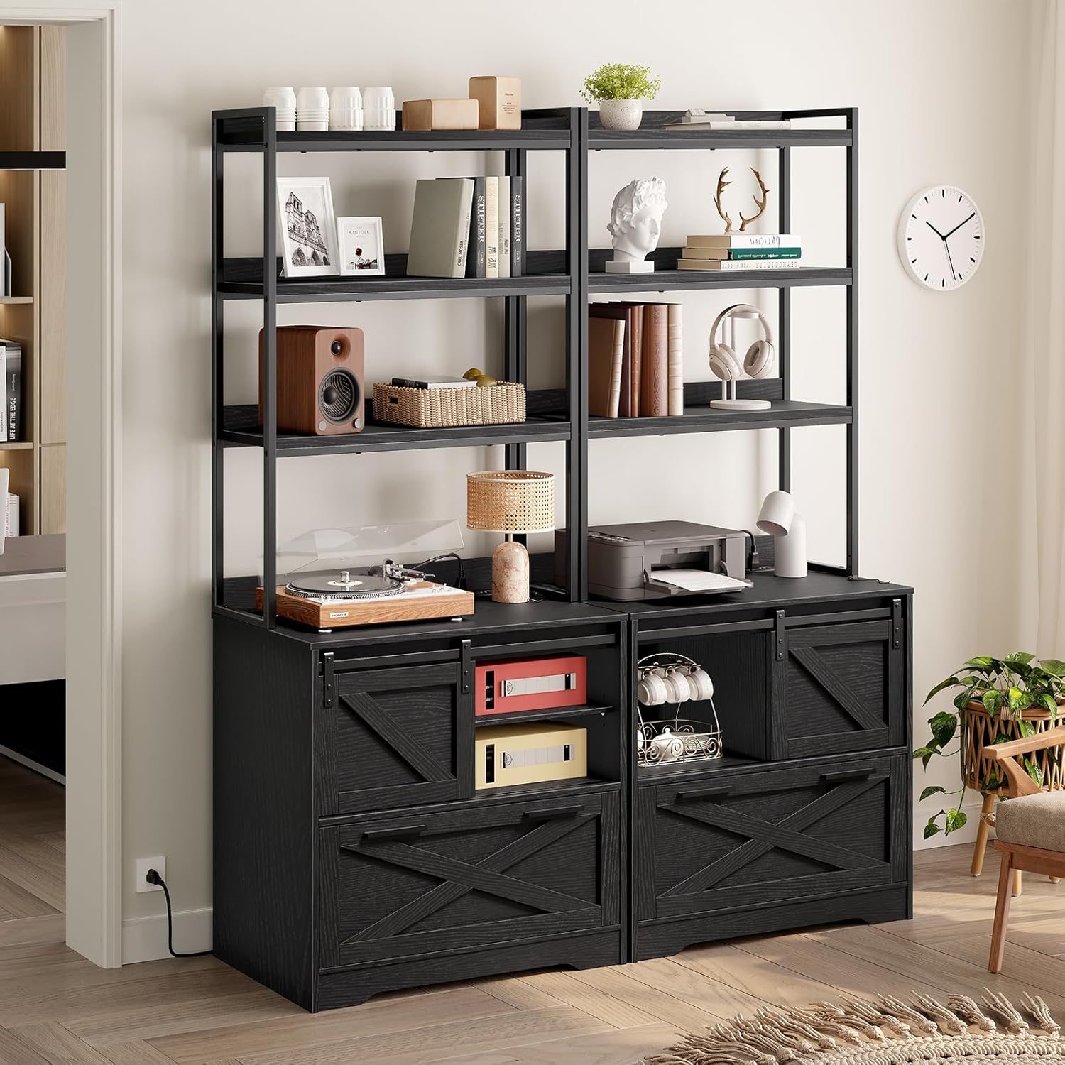 File Cabinet with Charging Station, Vertical Filing Cabinet with Shelves, Black File Cabinet for Home Office, Printer Stand with Open Storage Shelves & Barn Doors, Fits A4/Letter Files