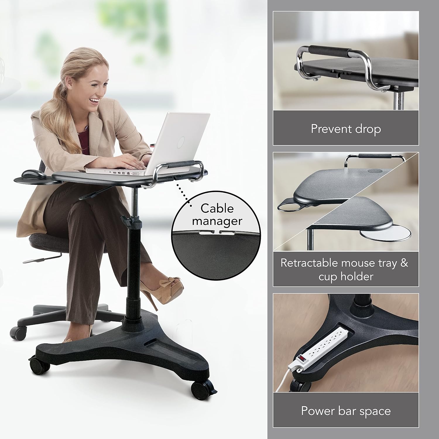 EHO Mobile Laptop Desk Cart with Wheels, Height Adjustable Standing Desk with Pneumatic Lift, Rolling Workstation with Mouse Tray and Cup Holder, Portable Table for Home Office or Classroom