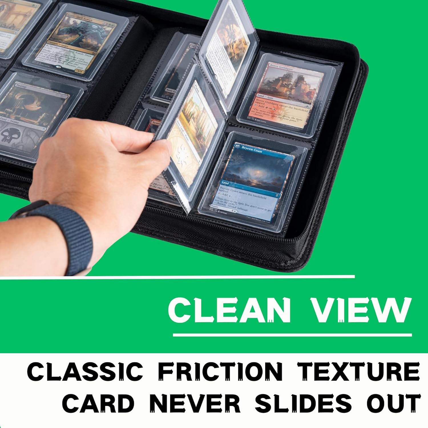 Toploader Binder, Holds 128+ Toploaders, 4 Pocket Top Loader Card Storage Case, Double-Sided Pockets for trading card in 3 x 4'' Toploaders (Grass Green)