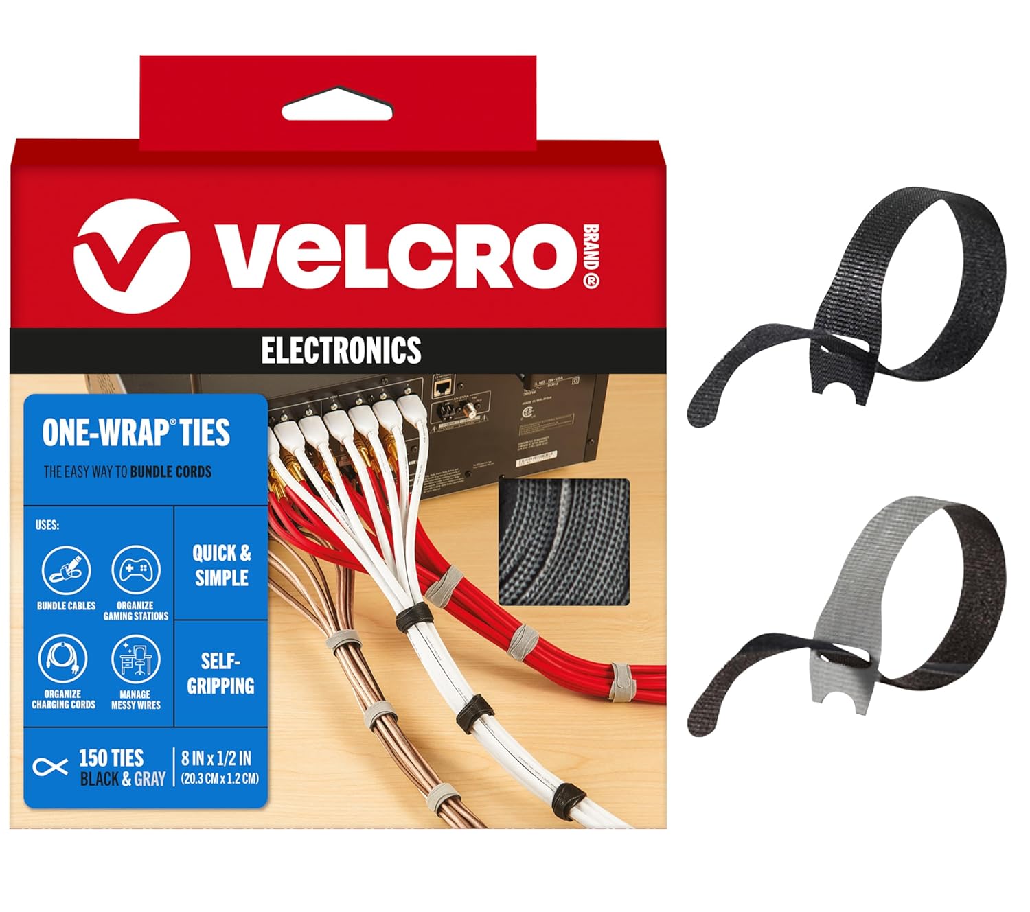 VELCRO Brand 150pk Cable Ties Value Pack | Replace Zip Ties with Reusable Straps, Reduce Waste | For Wire Management and Cord Organizer | 8 x 1/2" Thin Pre-Cut Design, Black and Gray