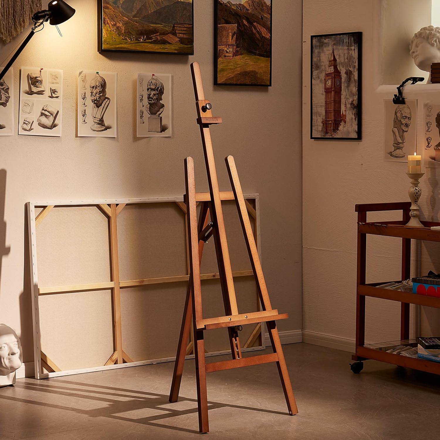 MEEDEN Painting Wooden Art Easel: Solid Beechwood Display Easel Stand Hold Canvas up to 43'' - Adjustable Easel from 57''-76" for Adults Student Studio Gallery - Walnut