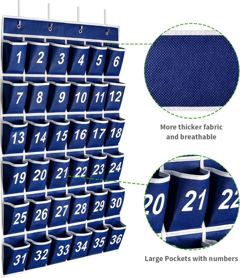 36 Pockets Blue Numbered Classroom Pocket Chart for Cell Phones, Hanging Pocket Chart Storage for Classroom Phone Calculator Holder with 4 Stainless Steel Hooks (Blue-36pockets)