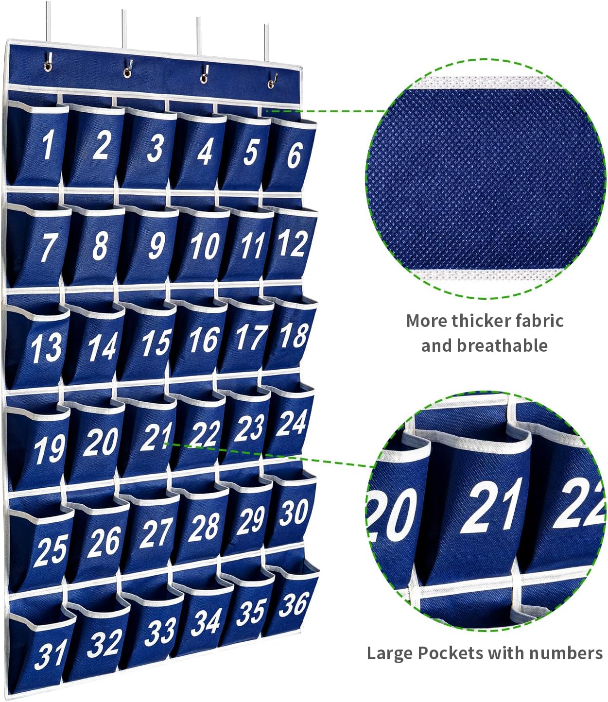 36 Pockets Blue Numbered Classroom Pocket Chart for Cell Phones, Hanging Pocket Chart Storage for Classroom Phone Calculator Holder with 4 Stainless Steel Hooks (Blue-36pockets)