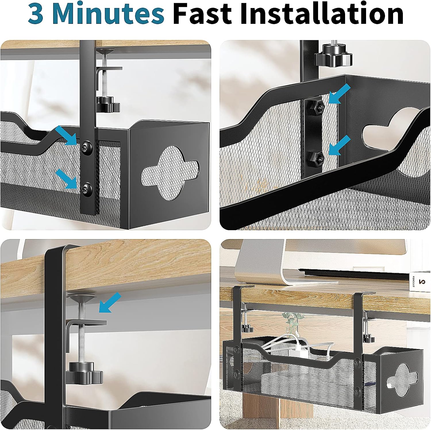 Under Desk Cable Management Tray No Drill, Metal Mesh Cable Management Under Desk with Clamp Mount, 2 Hole Cable Tray with Wire Management and Cord Organizer for Home Office Standing Desk