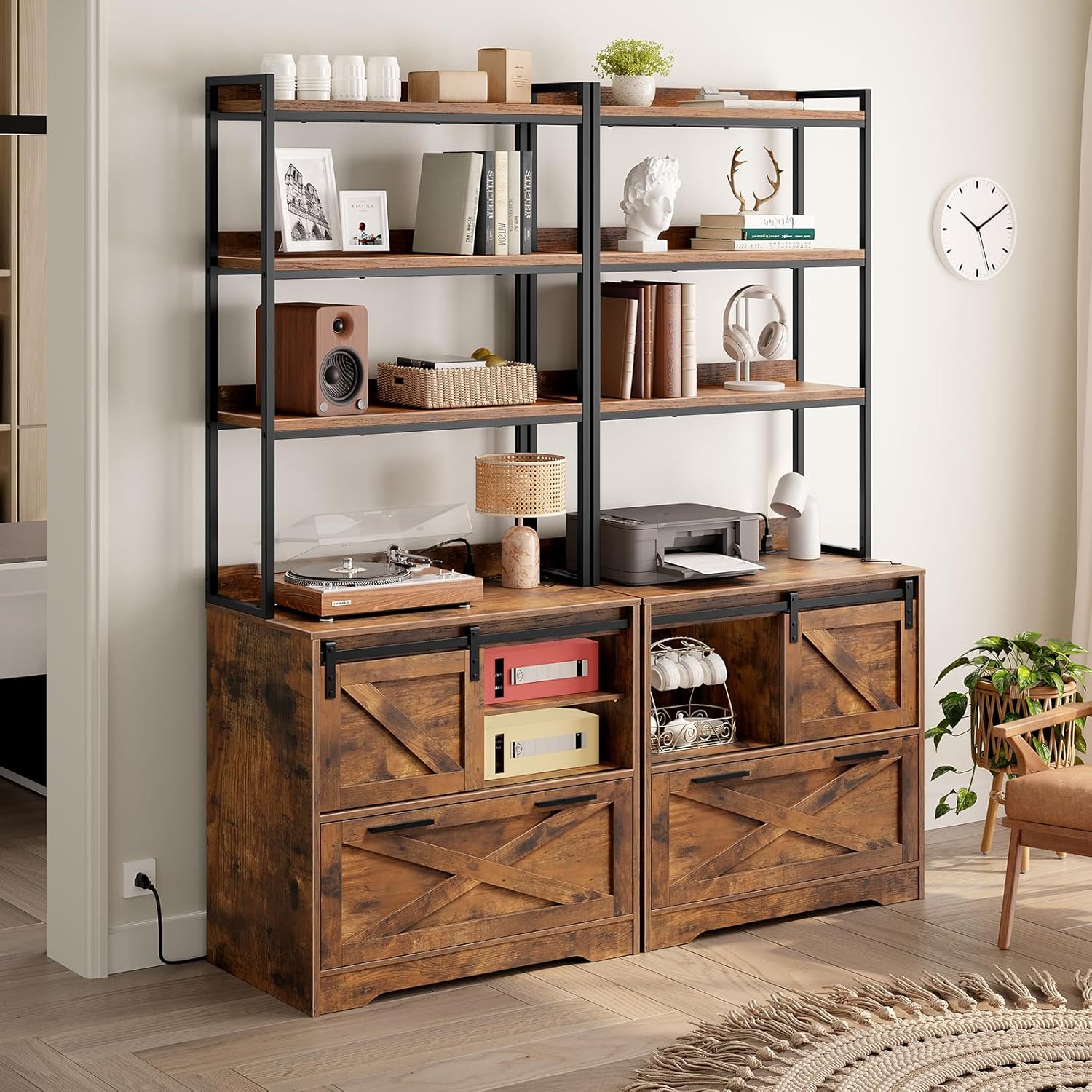 File Cabinet with Charging Station, Vertical Filing Cabinet with Shelves, File Cabinet for Home Office, Printer Stand with Storage Shelves & Barn Doors, Fits A4/Letter Files, Rustic