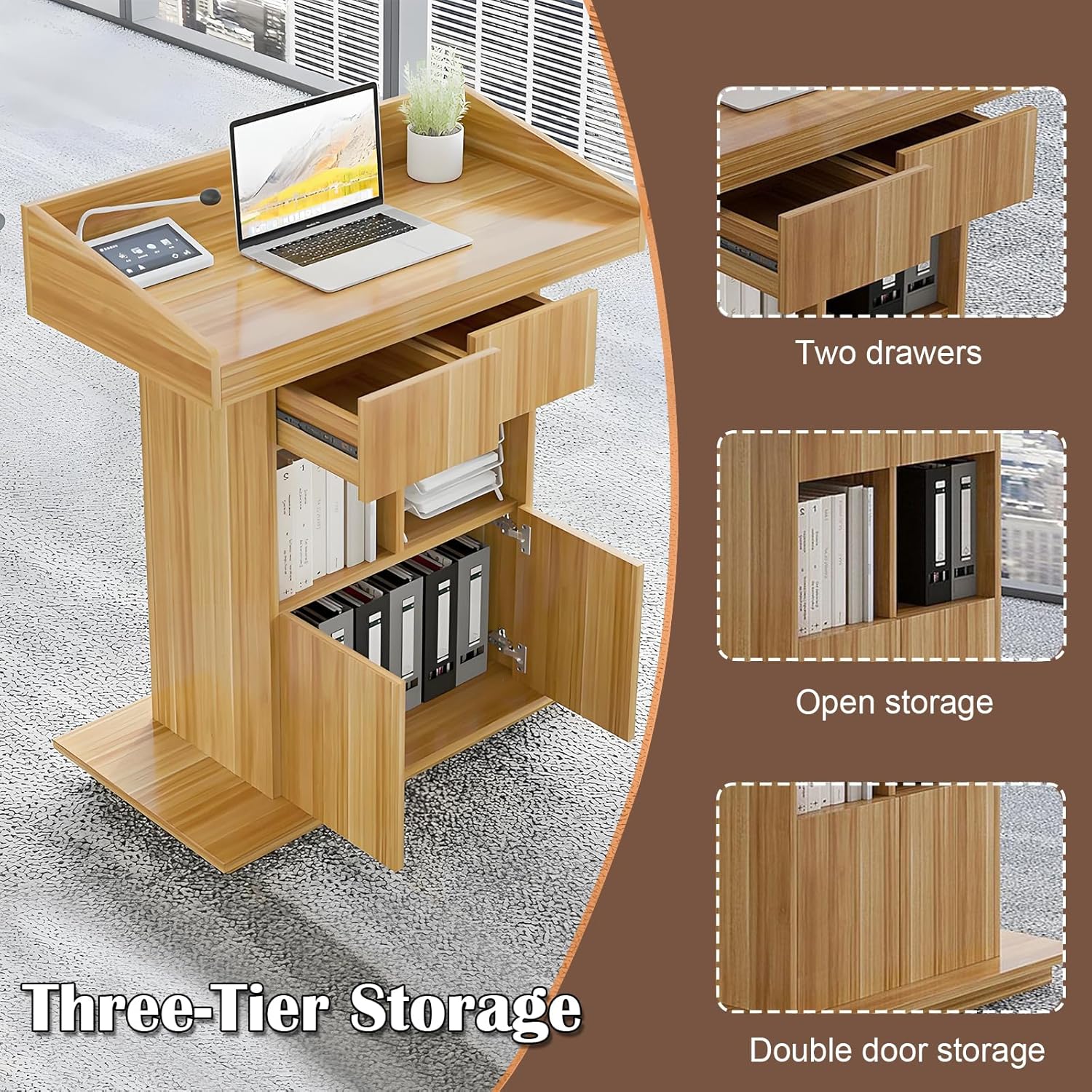 Solid Wooden Podium Stand Podiums for Classroom Lectern Podium Stand Wood Church Pulpit with 3 Levels of Storage and Heightened Baffles (Wood Color, 31.5in)