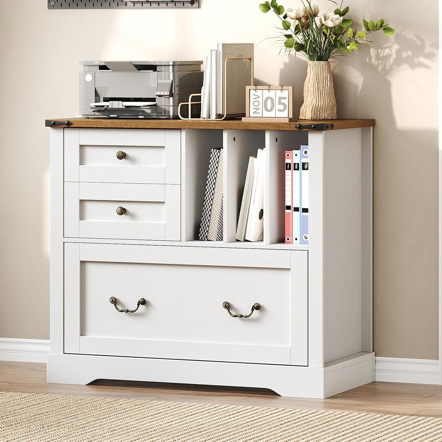 Farmhouse File Cabinet for Home Office, Lateral Filing Cabinet with 3 Drawers & Folder Organizer, Office Storage Cabinet for A4 Letter Files, Printer Stand with Storage Cabinet, White & Walnut