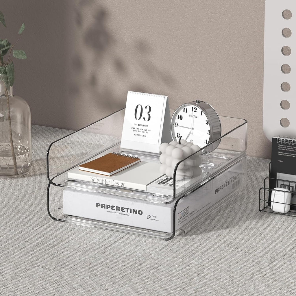 2-Tier Acrylic Paper Tray Organizer - Low-Profile Desk File Sorter for Office/Home, Clear Stackable Letter Tray for Bills, Crafts, Notebooks