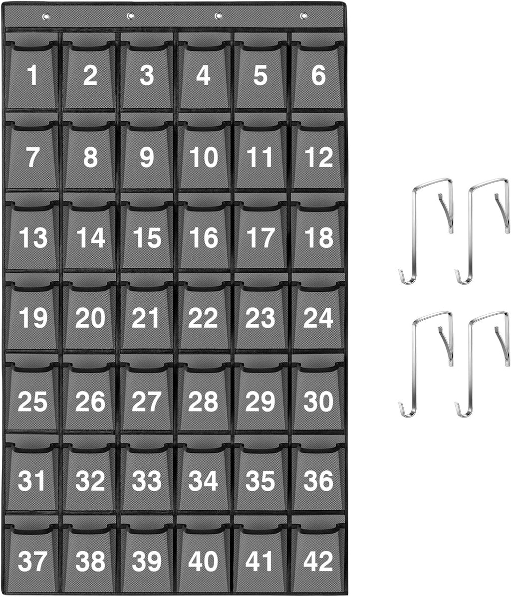 42 Pockets Numbered Classroom Pocket Chart for Cell Phones, Hanging Pocket Chart Storage for Classroom Phone Calculator Holder with 4 Hooks and 42 Clear Numbers Printing (Grey-42pockets)