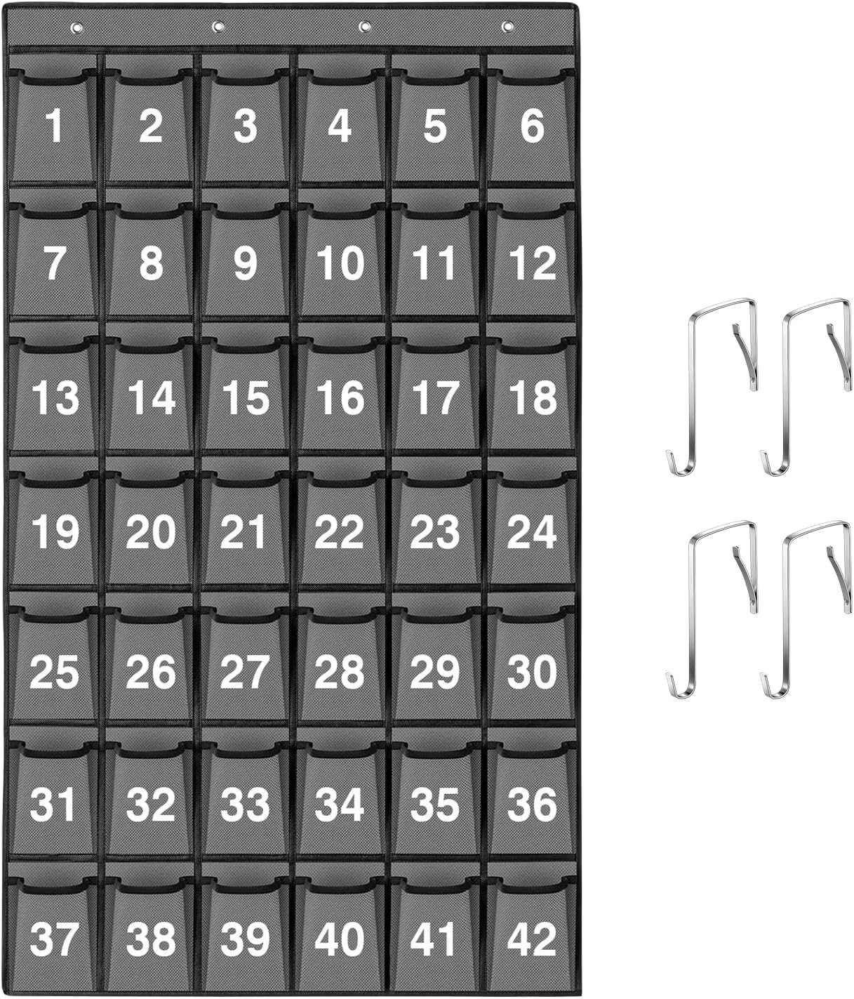 42 Pockets Numbered Classroom Pocket Chart for Cell Phones, Hanging Pocket Chart Storage for Classroom Phone Calculator Holder with 4 Hooks and 42 Clear Numbers Printing (Grey-42pockets)