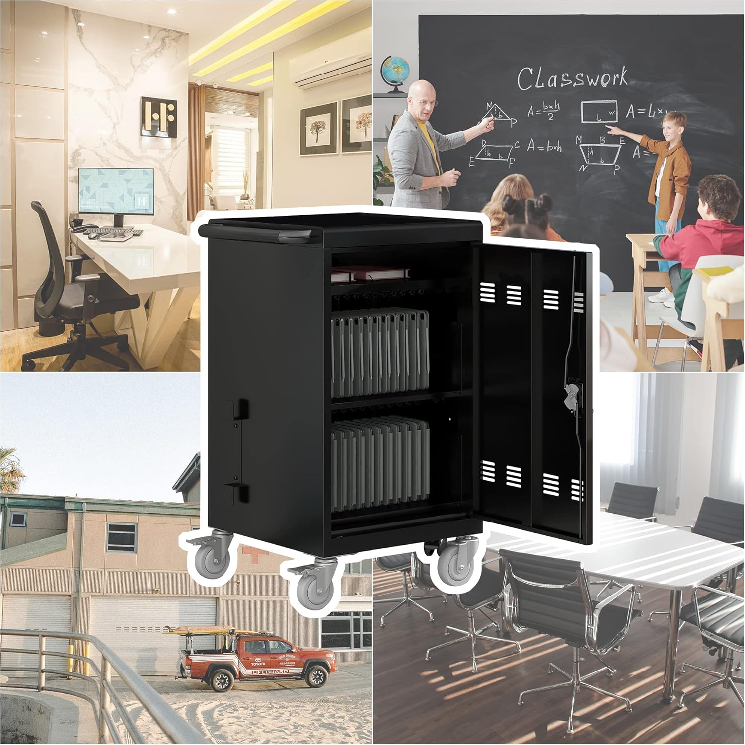 32 Device Mobile Charging Cart with Combination Lock, Mobile Ipad Cart for iPads, Chromebooks and Laptop Computers, Locking Charging Station with Lock & Key for The Front Back Door, Surge Protection