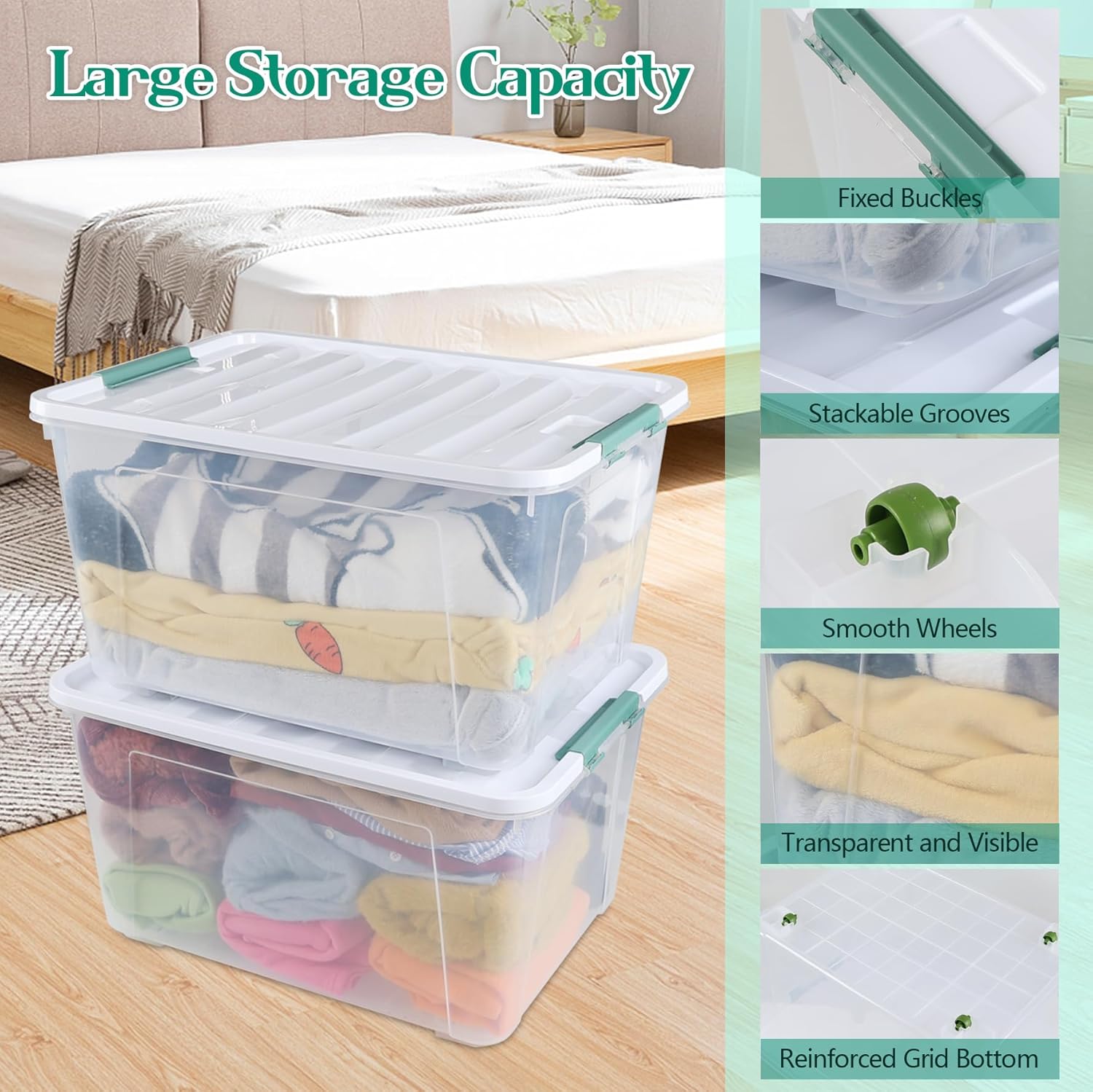 Pekky 85 Quart Clear Storage Bin on Wheels, 4-Pack Large Plastic Latching Box