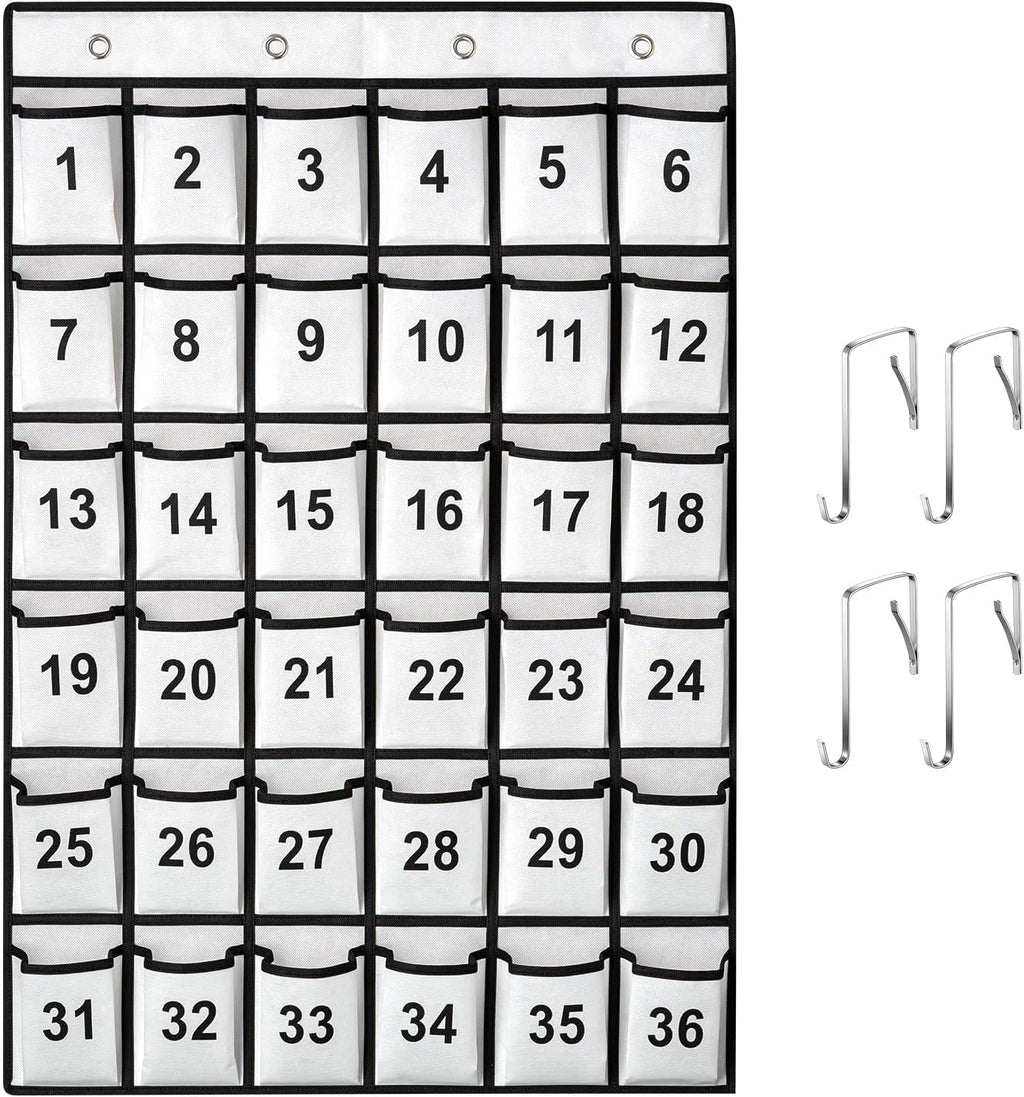 36 Pockets Numbered Classroom Pocket Chart for Cell Phones, Hanging Pocket Chart Storage for Classroom Phone Calculator Holder with 4 Stainless Steel Hooks (White-36pockets)