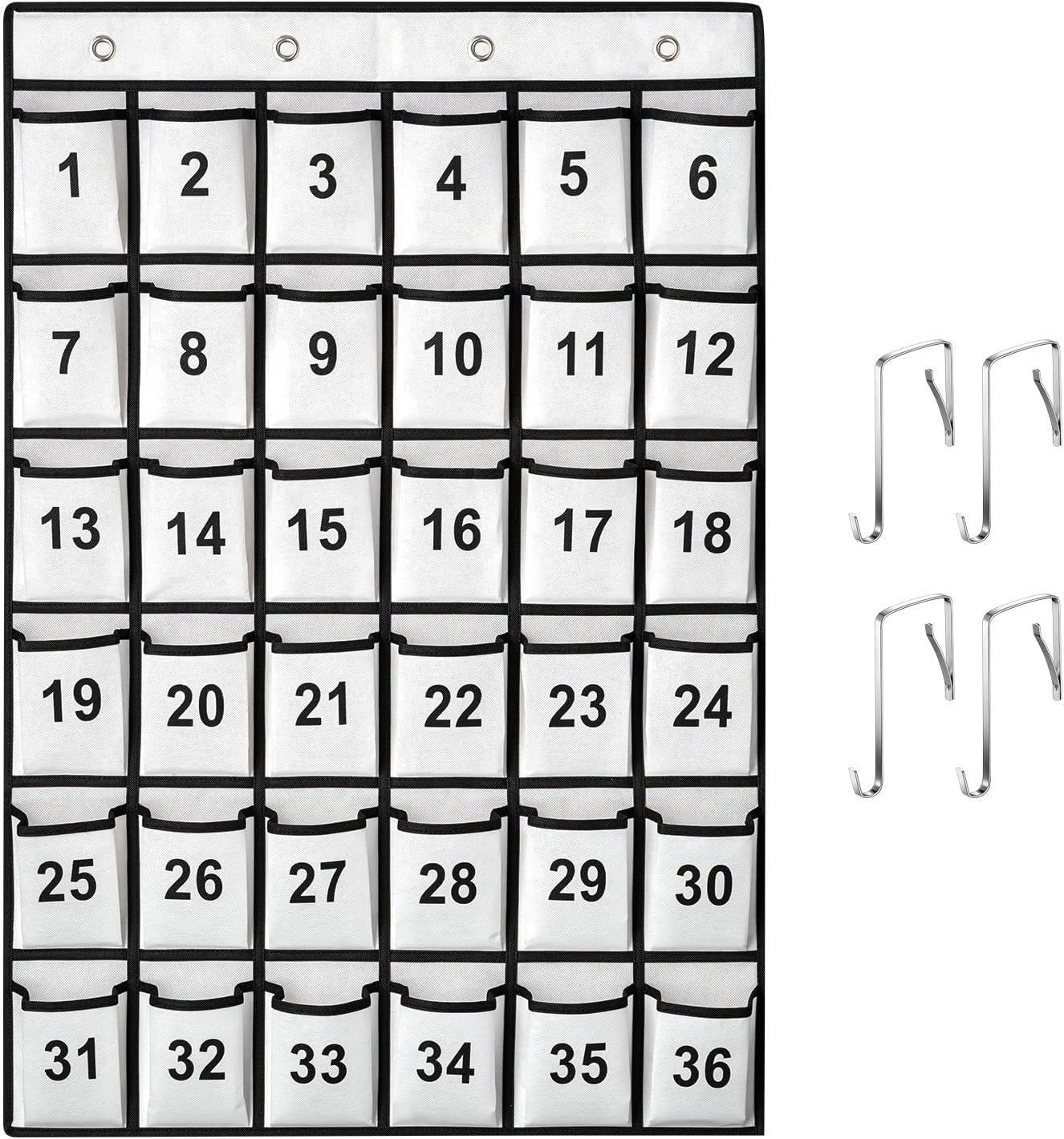 36 Pockets Numbered Classroom Pocket Chart for Cell Phones, Hanging Pocket Chart Storage for Classroom Phone Calculator Holder with 4 Stainless Steel Hooks (White-36pockets)