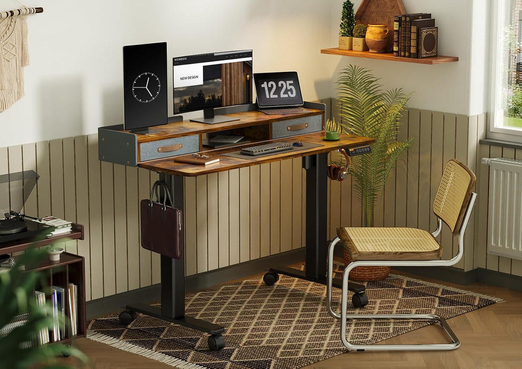 YDN Standing Desk with Drawers, 55 Inch Standing Desk Adjustable Height, Adjustable Electric Stand Up Sit Stand Small Desks with Storage and Shelf, Rustic Brown