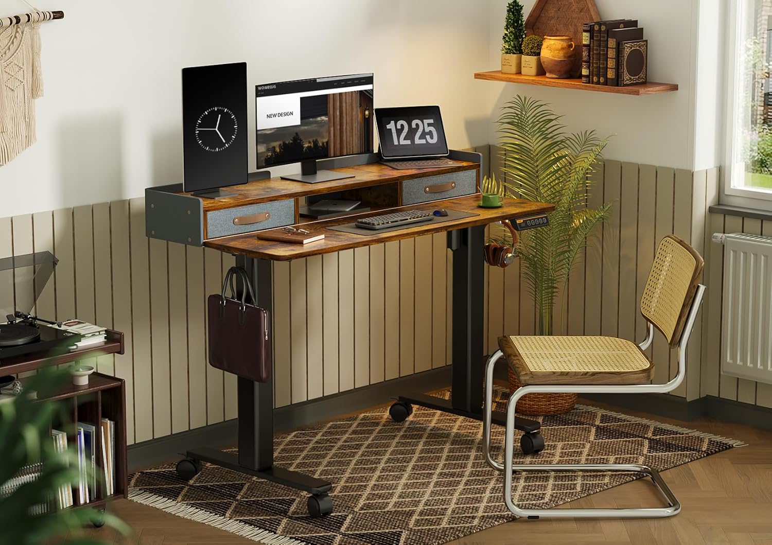 YDN Standing Desk with Drawers, 55 Inch Standing Desk Adjustable Height, Adjustable Electric Stand Up Sit Stand Small Desks with Storage and Shelf, Rustic Brown