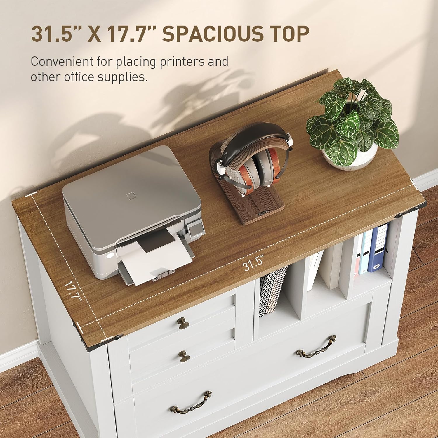 Farmhouse File Cabinet for Home Office, Lateral Filing Cabinet with 3 Drawers & Folder Organizer, Office Storage Cabinet for A4 Letter Files, Printer Stand with Storage Cabinet, White & Walnut